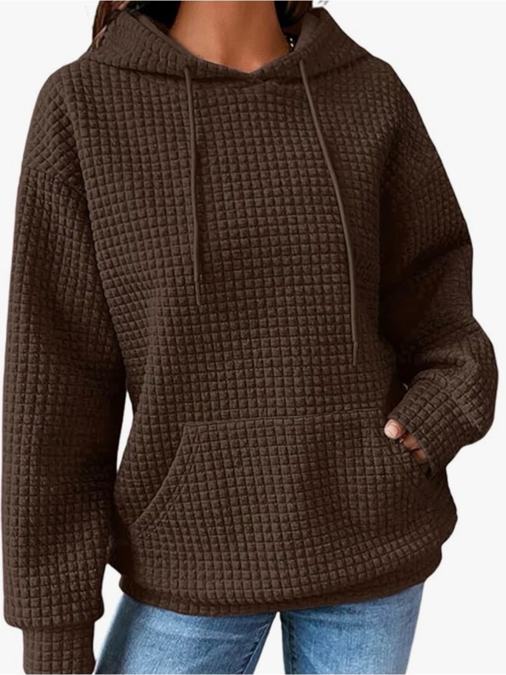 Waffle Knit Hooded Pullover Hoodie in Dark Brown